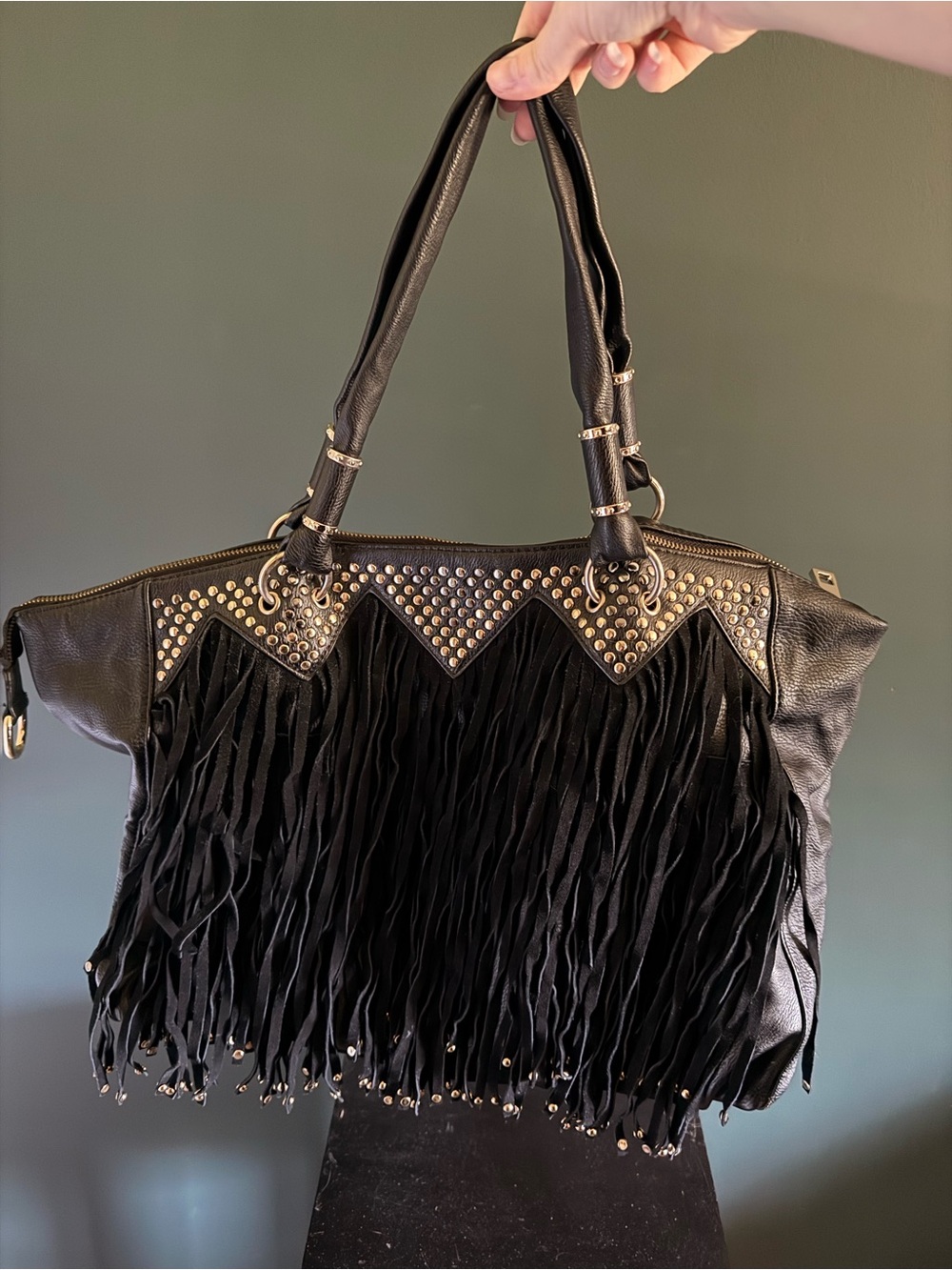 Black Fringe Studded Tote Bag